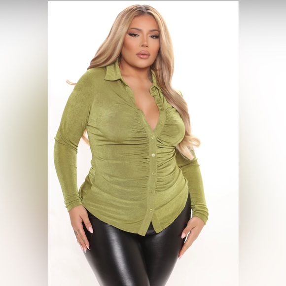 3/$20 City Chic Slinky Button Down Shirt - Chartreuse - Picture 6 of 8